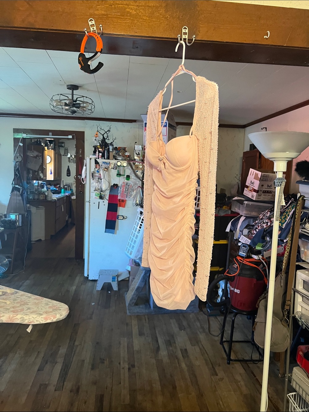 Oh Polly Blush Pink Ruched Bodycon Dress with Beaded Shawl
